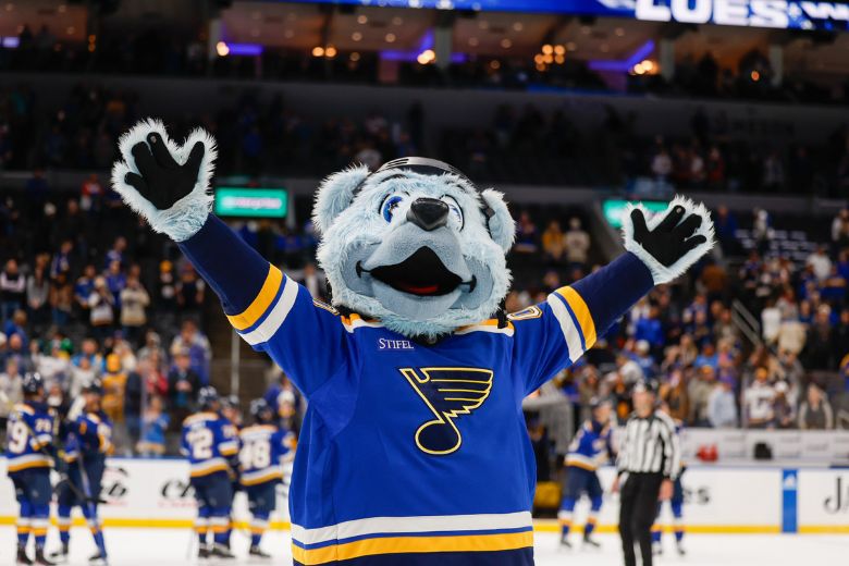 Louie, the mascot of the St. Louis Blues, celebrates a win at Enterprise Center.