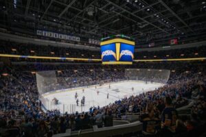 The St. Louis Blues play ice hockey at Enterprise Center.