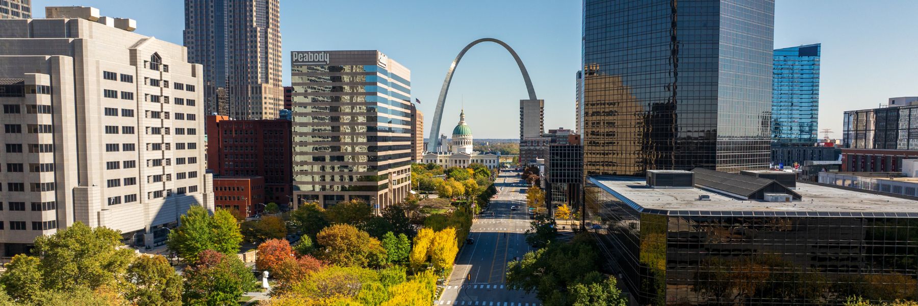 Fall foliage ignites this scene of downtown St Louis.