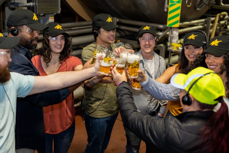 A group enjoys free beer on a tour of the Anheuser-Busch Brewery in St. Louis.