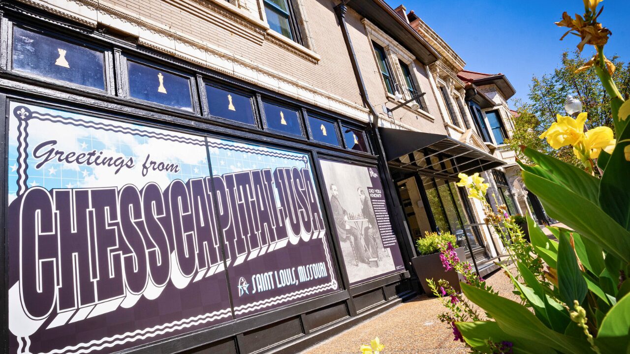 Window mural at the Saint Louis Chess Club reading Greetings from Chess Capital USA, Saint Louis, Missouri.
