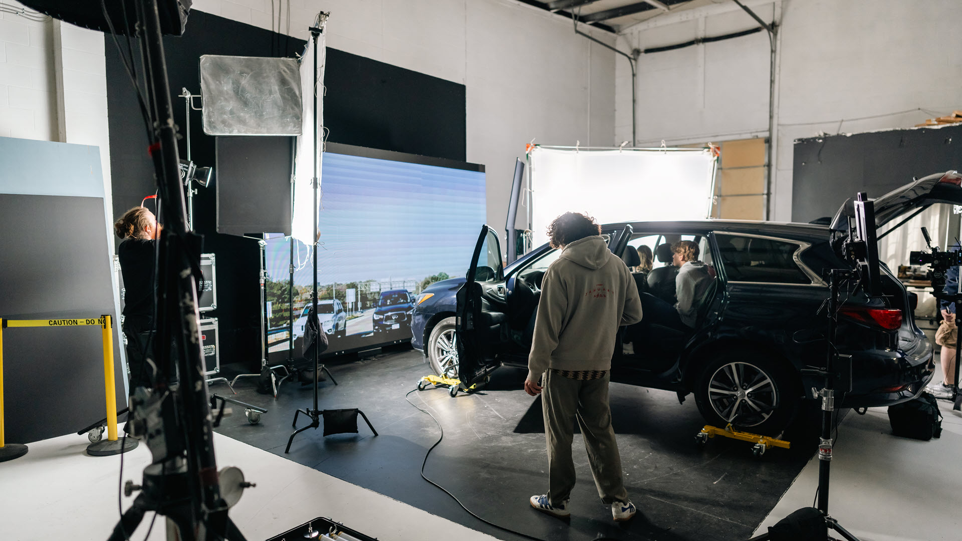 A film crew on the set of a shoot.