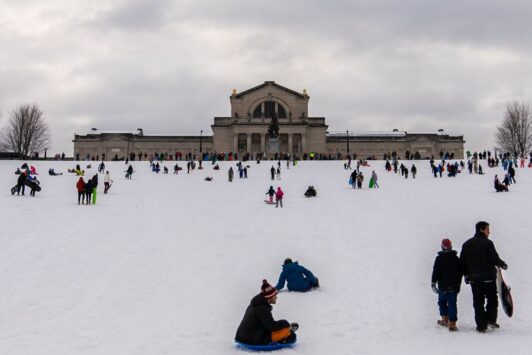 Sledding on Art Hill is a rite of passage during winter in St Louis.