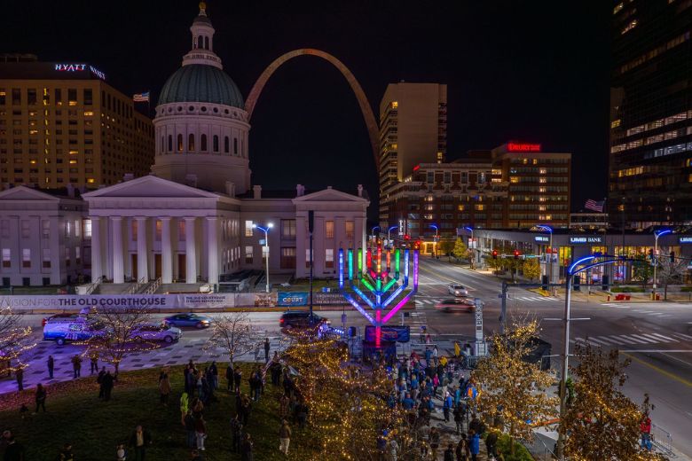 The 29-foot menorah in Kiener Plaza is the tallest west of the Mississippi River.