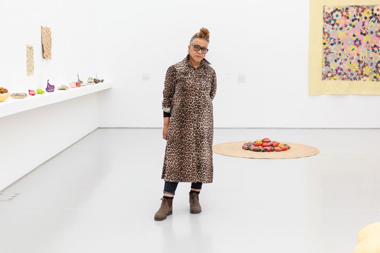 British artist Veronica Ryan poses amongst her sculptures at the Pulitzer Arts Foundation.