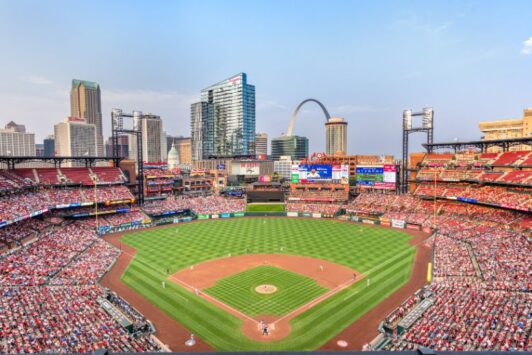 Busch Stadium features gorgeous views of the St Louis skyline.