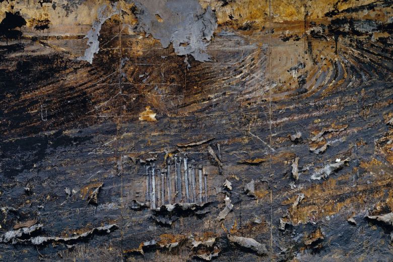 A work by living artist Anselm Kiefer features copper wire, lead, iron, straw and ceramics incorporated in the canvas.