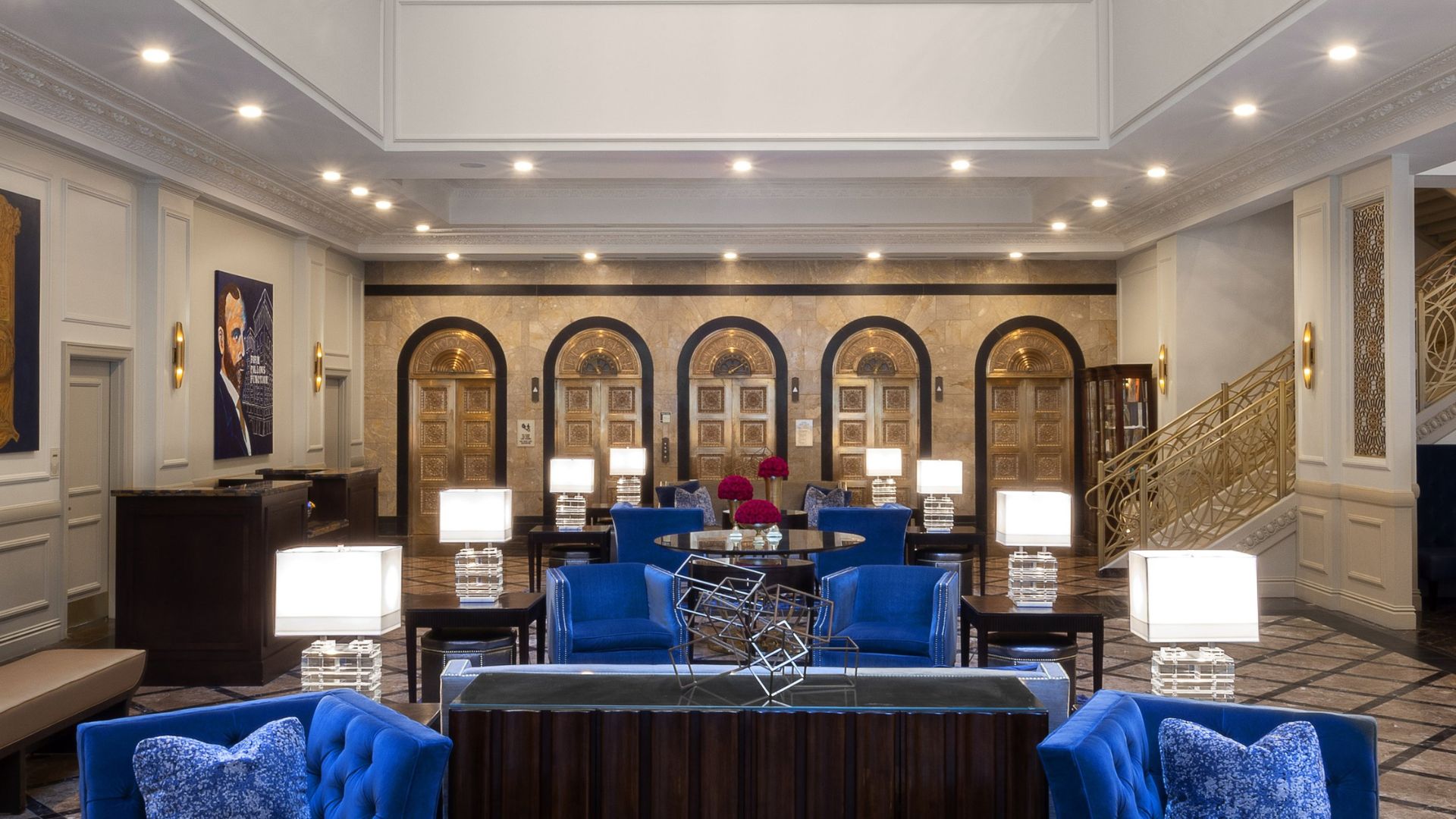 The lobby of Hotel Saint Louis has rich blue accents.