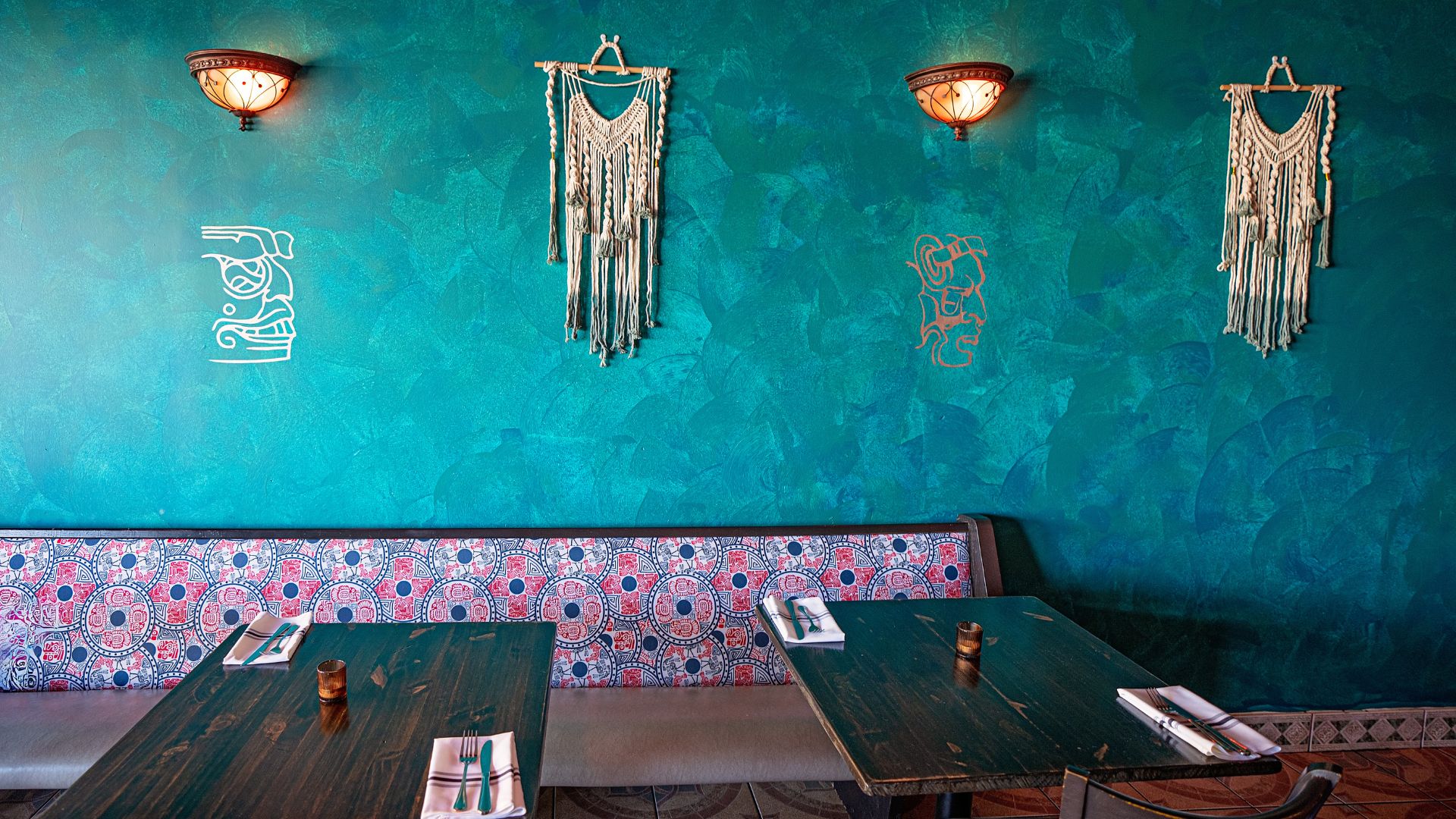 El Molino del Sureste features peacock blue walls and Maya art.