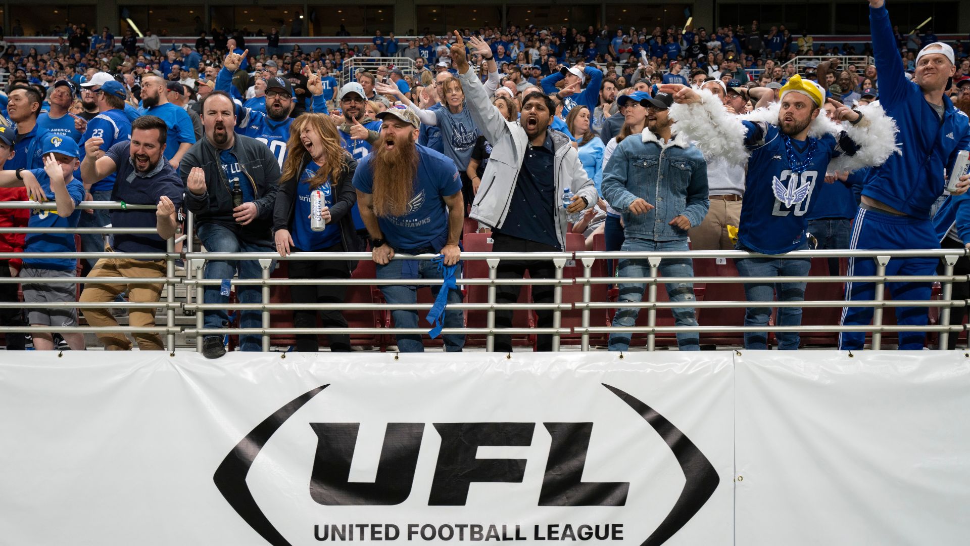 Fans of the UFL cheer on the St Louis Battlehawks.