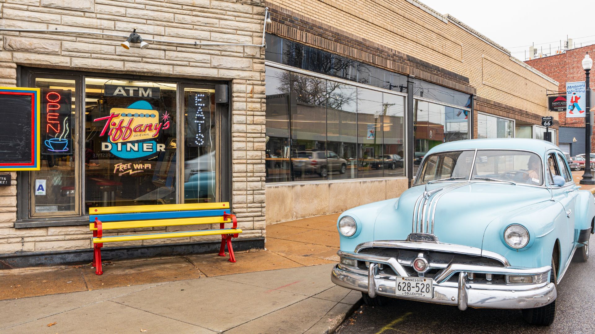 A vintage car sits in front of Tiffany's, one of the classic St Louis diners on Route 66.