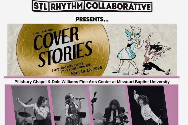 A professional tap dancer performing on stage for Cover Stories by STL Rhythm Collaborative. Live music and dance event in St. Louis.