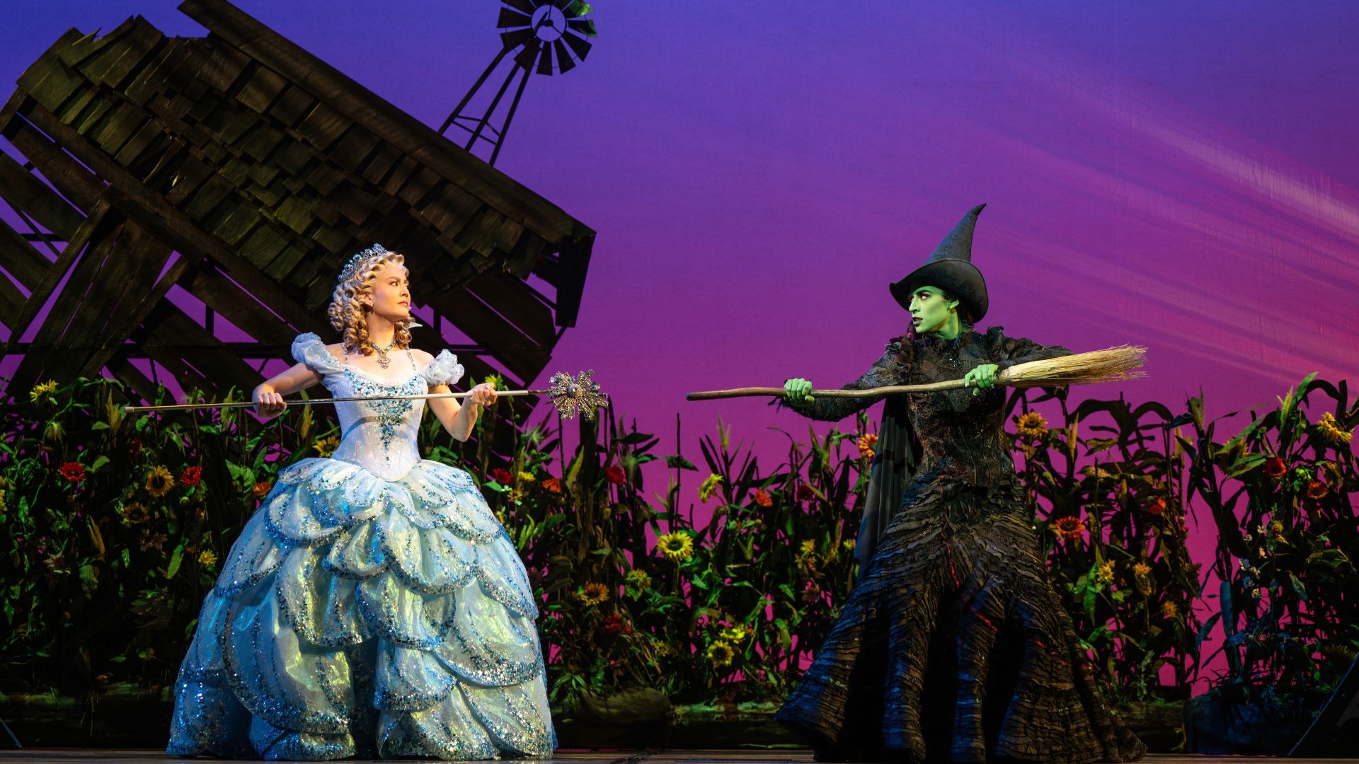 Elphaba and Glinda face off in Wicked at The Fabulous Fox in St Louis.