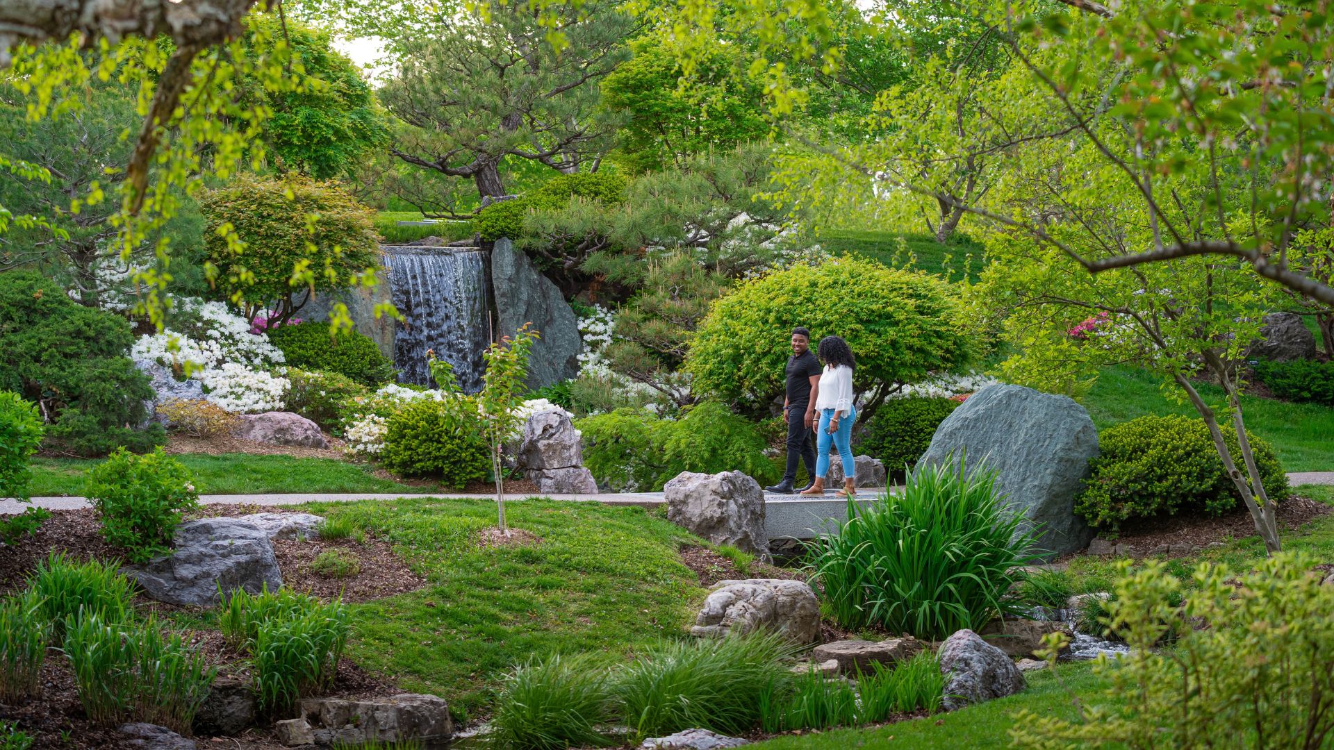 A couple walks hand in hand through the Missouri Botanical Garden.